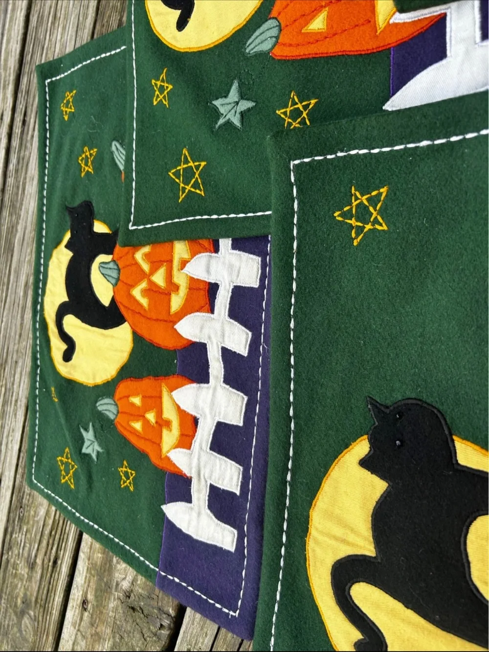 VTG Halloween Pumpkin Black Cat Fence Placemats Set Of 4 12x18